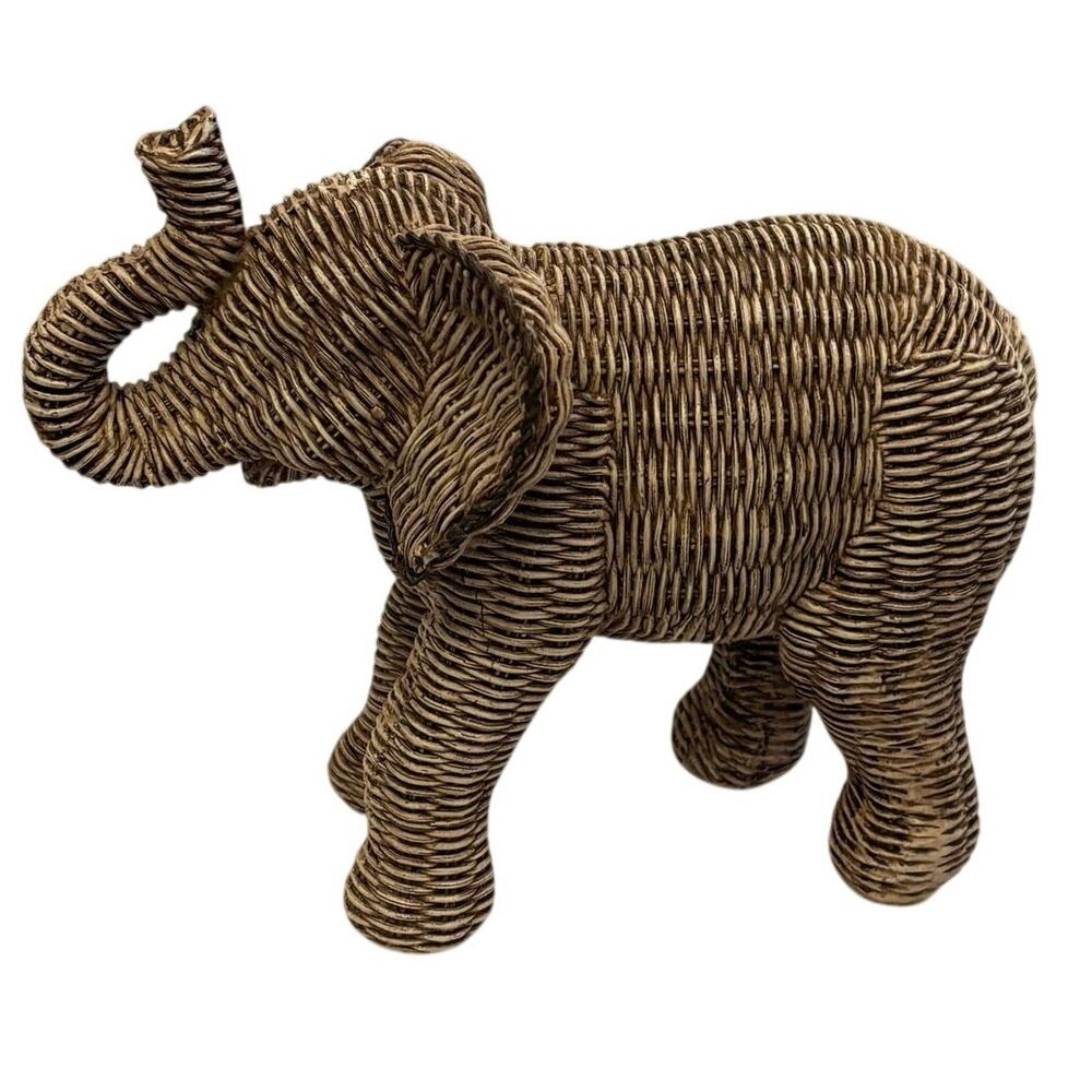 Boho Elephant Figurine Wicker Look Resin Sculpture Coastal Safari Decor